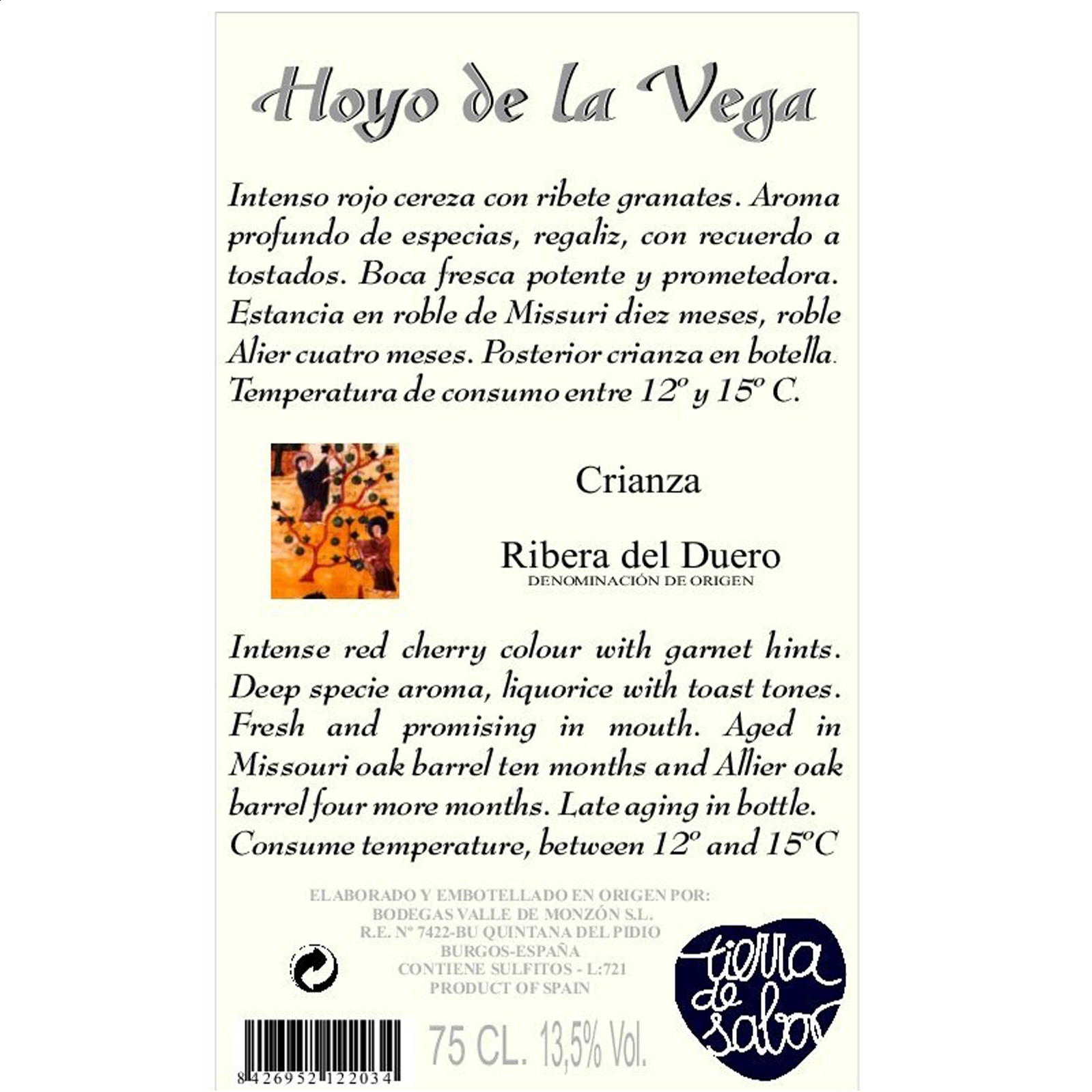 Bodegas Valle de Monzón - Vino tinto Crianza Hoyo de la Vega D.O. Ribera Del Duero 75cl, 6uds