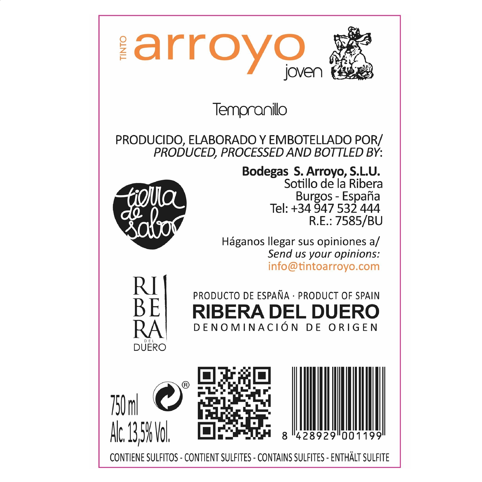 Bodegas S. Arroyo - Vino tinto joven D.O. Ribera de Duero 75cl, 6uds