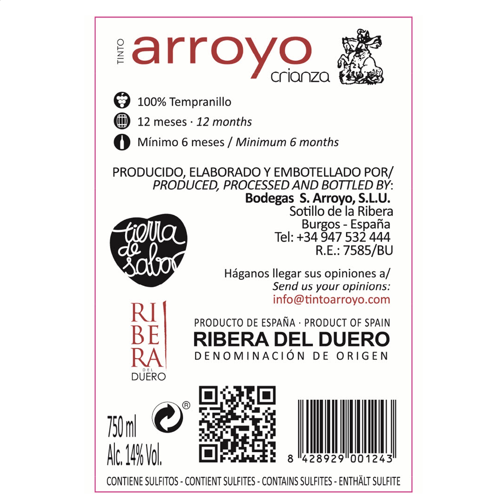 Bodegas S. Arroyo - Vino tinto crianza D.O. Ribera de Duero 75cl, 12uds