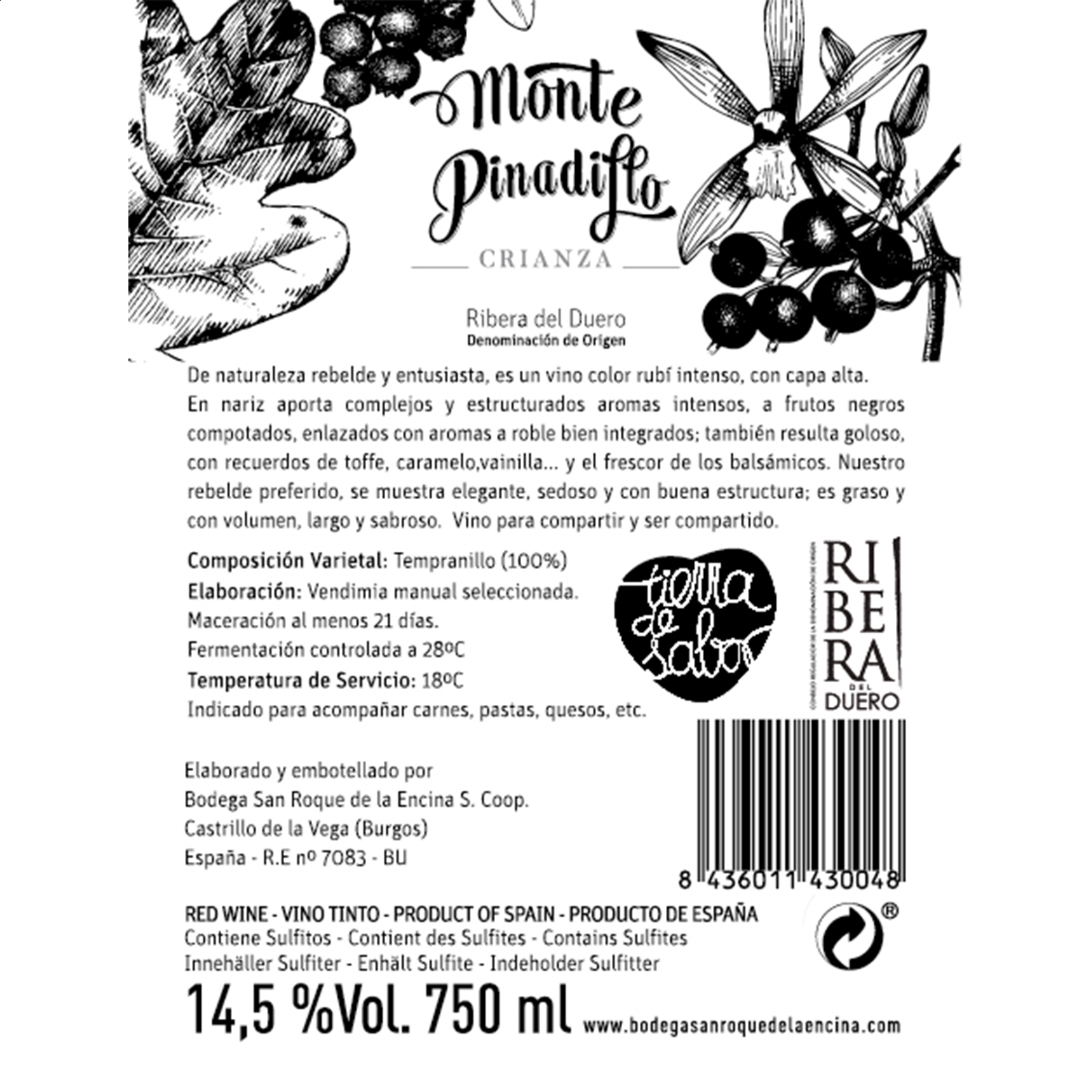 Bodega San Roque - Monte Pinadillo vino tinto crianza D.O. Ribera de Duero 75cl, 6uds