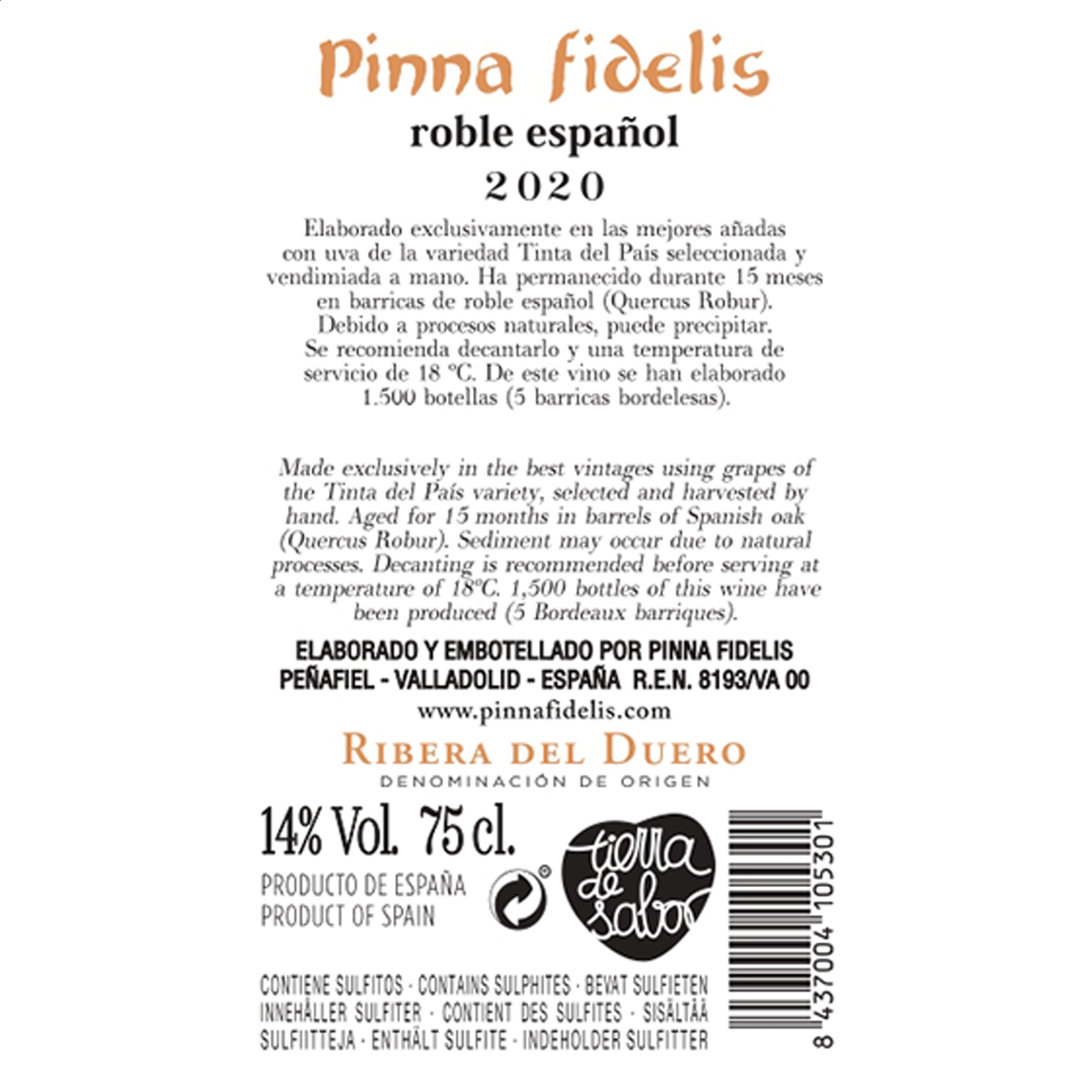 Pinna Fidelis - Vino tinto Roble Español D.O. Ribera del Duero 75cl, 6uds