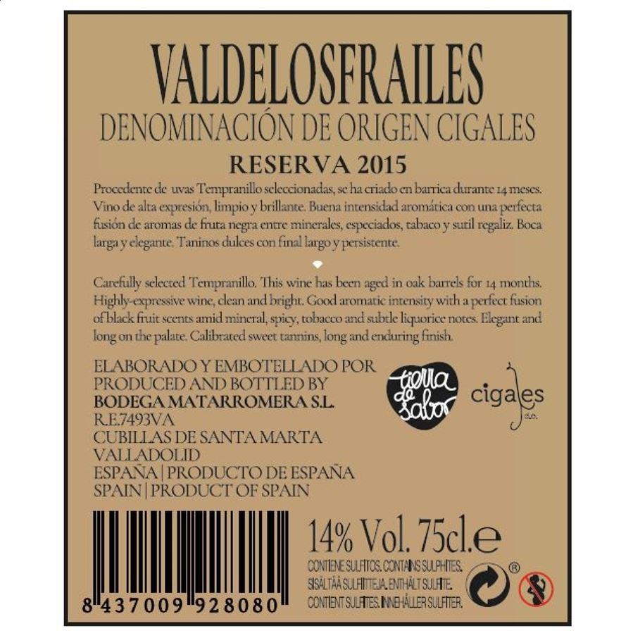Valdelosfrailes Reserva - Vino tinto reserva D.O. Cigales 75cl, 1ud
