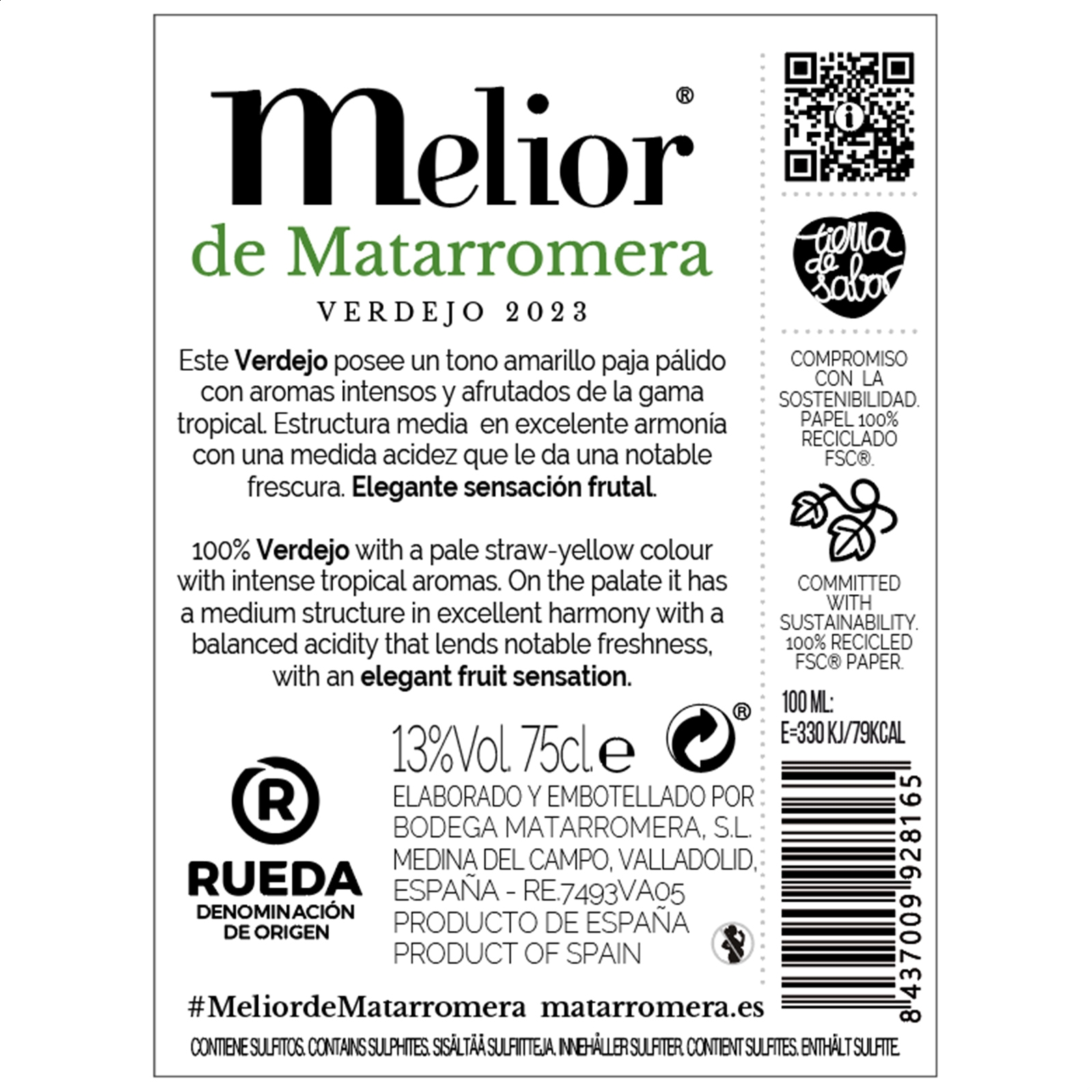Bodega Matarromera - Melior vino blanco Verdejo D.O. Rueda 75cl, 6uds