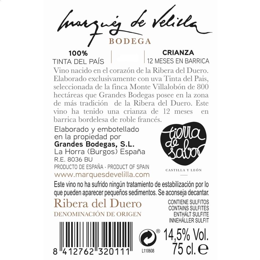 Marqués de Velilla Crianza - Vino tinto D.O. Ribera del Duero 75cl, 6uds
