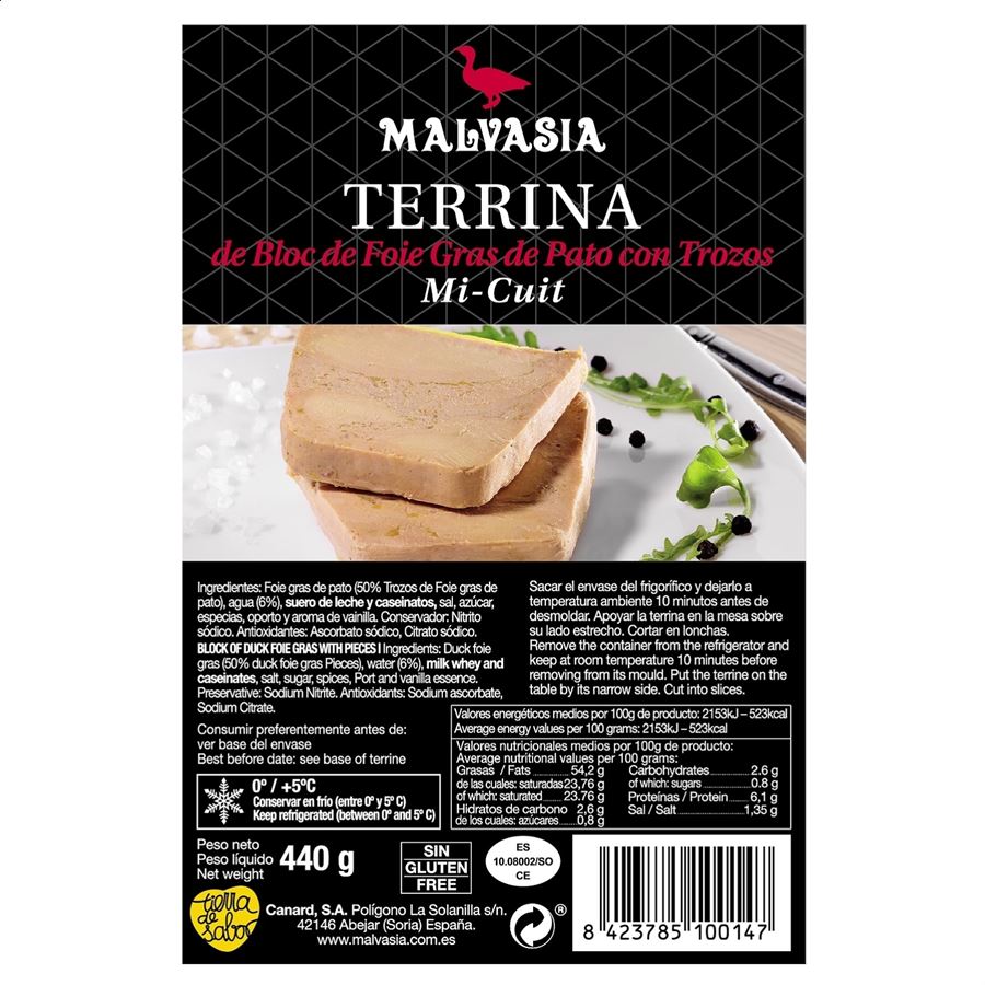 Malvasia - Terrina mi-cuit de bloc foie gras con trozos 440g
