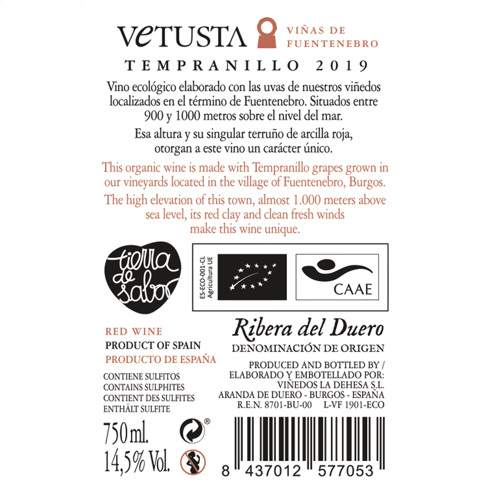 Vetusta Viñas de Fuentenebro ‐ Vino tinto ecológico D.O. Ribera del Duero 75cl 6uds