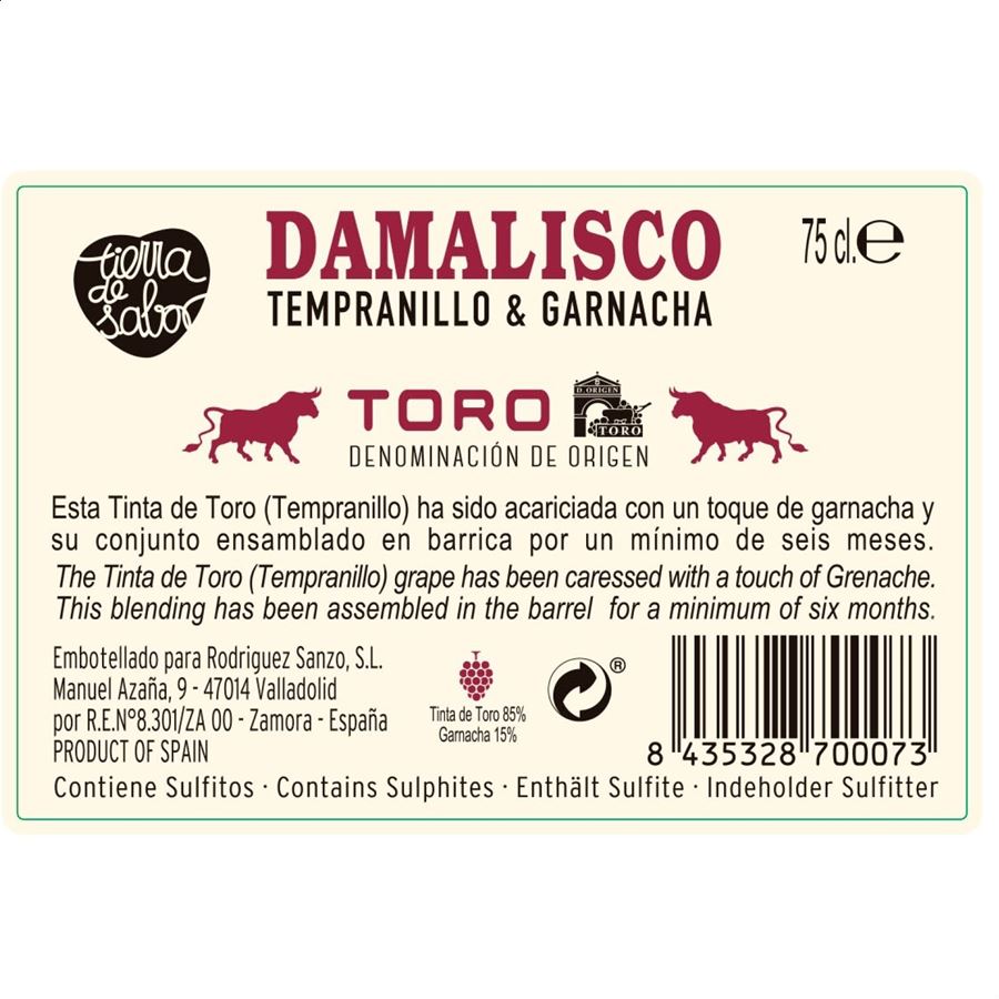 Damalisco Roble - Vino tinto roble D.O. Toro - 75cl 6uds