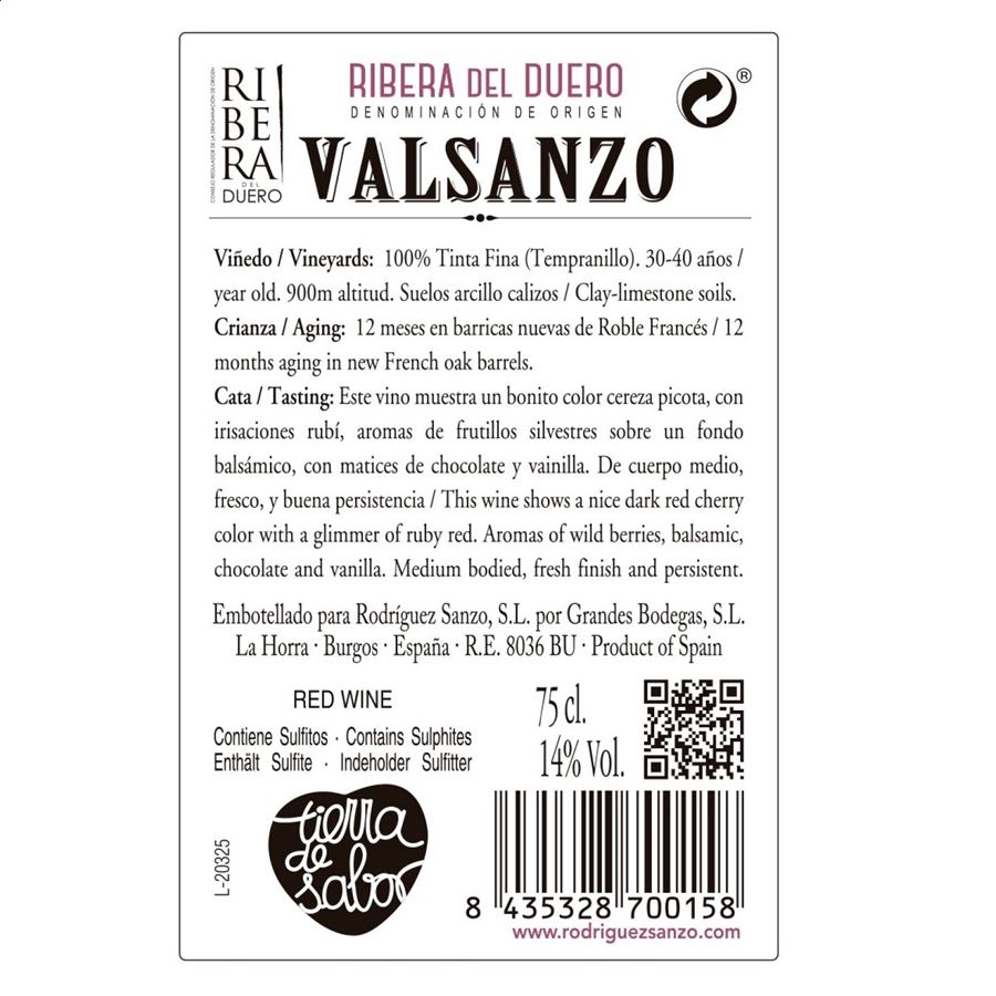 Valsanzo Crianza - Vino tinto crianza D.O. Ribera del Duero - 75cl 6uds
