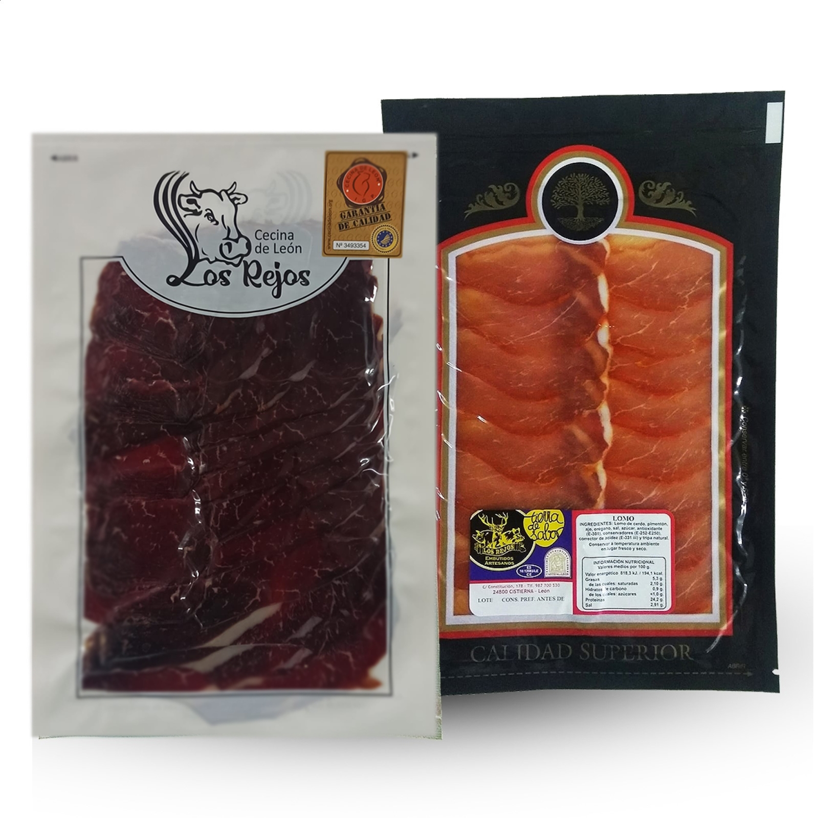 Los Rejos - Lote loncheado de Cecina de León IGP, lomo loncheado y chorizo con caza, 4uds