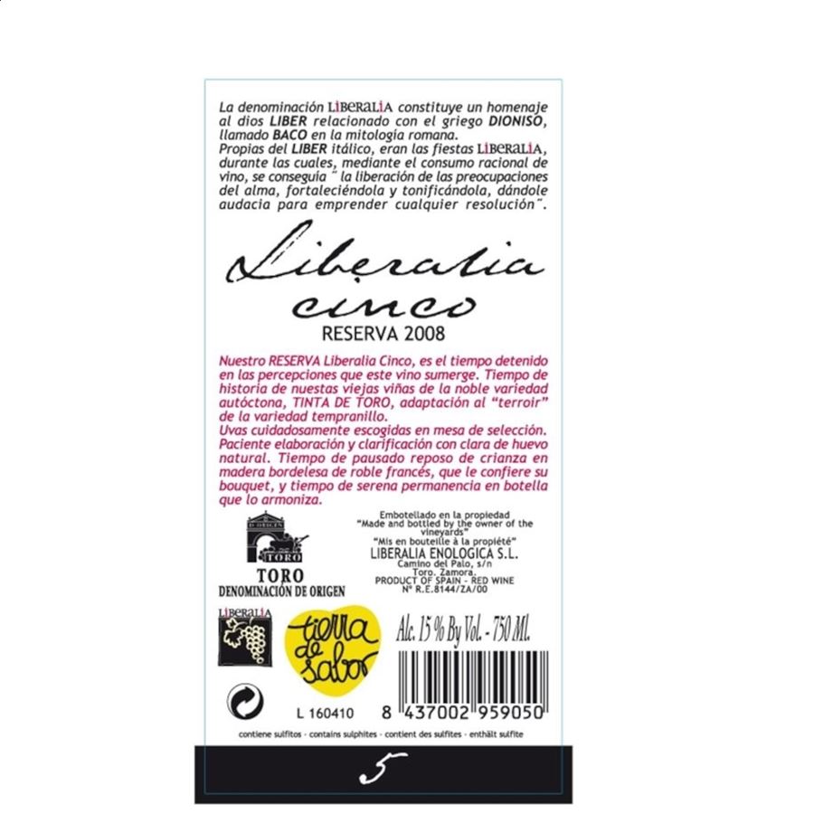 Liberalia Cinco - Vino tinto reserva D.O. Toro 75Cl 6uds