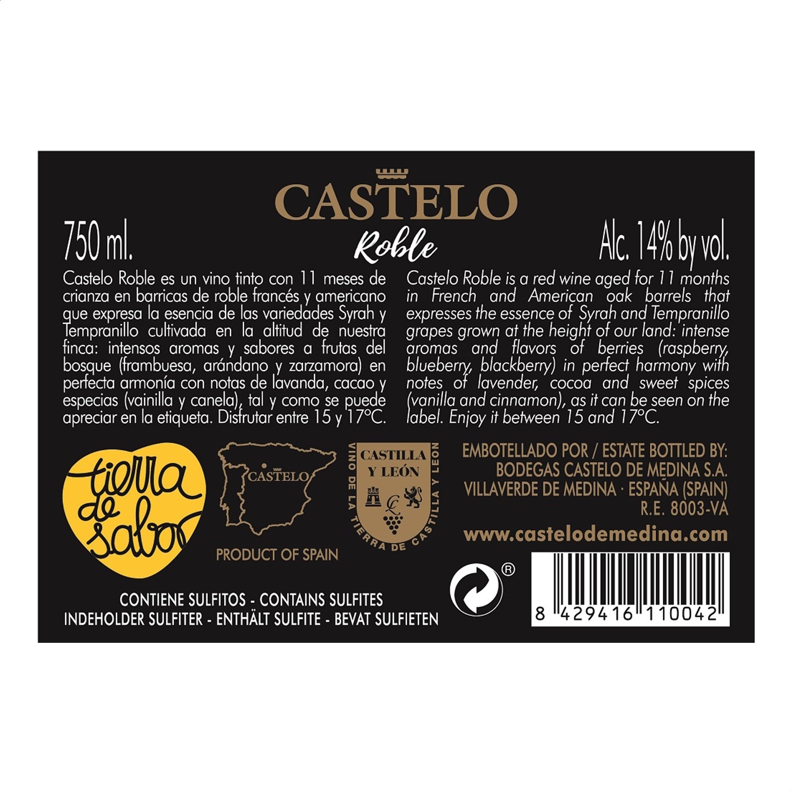 Castelo de Medina - Vino tinto roble IGP Vino de la Tierra de Castilla y León 75cl, 6uds