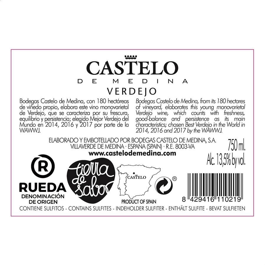 Castelo de Medina Verdejo 2020 - Vino blanco D.O. Rueda, 75cl 6uds