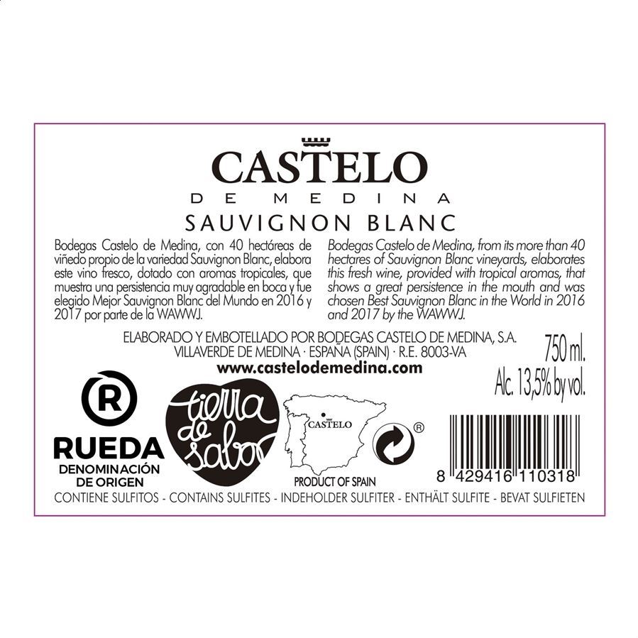 Castelo de Medina Sauvignon Blanc 2020 - Vino blanco D.O. Rueda, 75cl 6uds