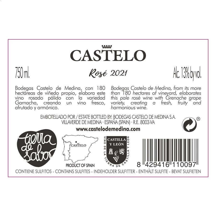 Castelo Rosé 2021 - Vino rosado IGP Vino de la Tierra de Castilla y León, 75cl 6uds