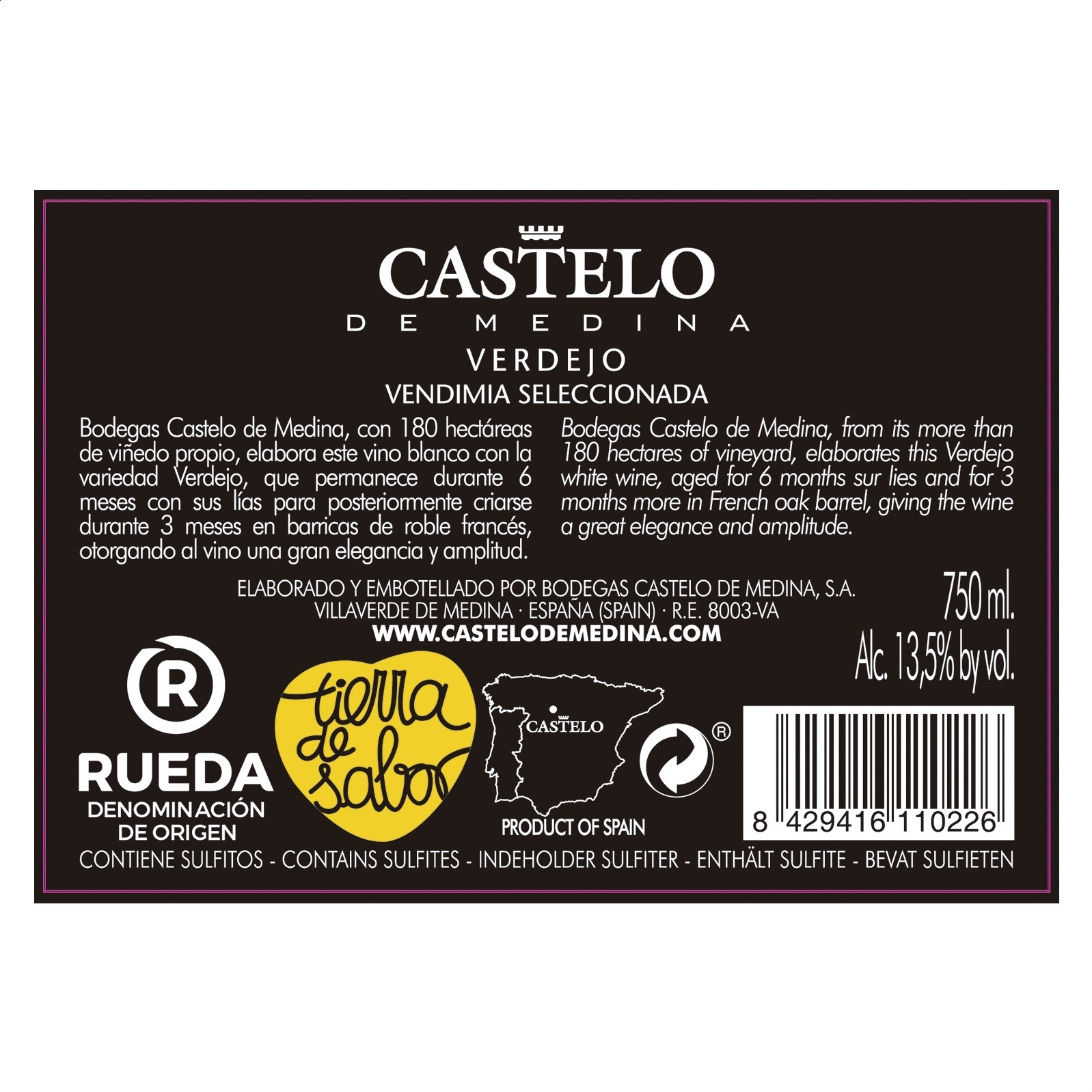 Castelo de Medina - Vino blanco Verdejo Vendimia Seleccionada D.O. Rueda 75cl, 6uds