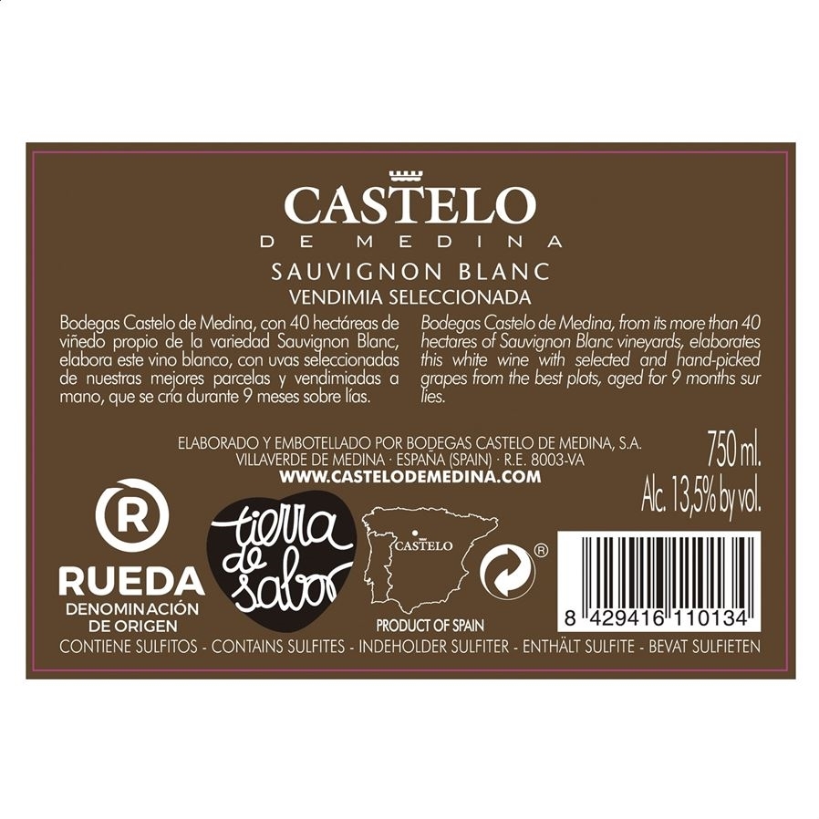 Castelo de Medina - Vino blanco Sauvignon Blanc Vendimia Seleccionada D.O. Rueda 75cl, 6uds