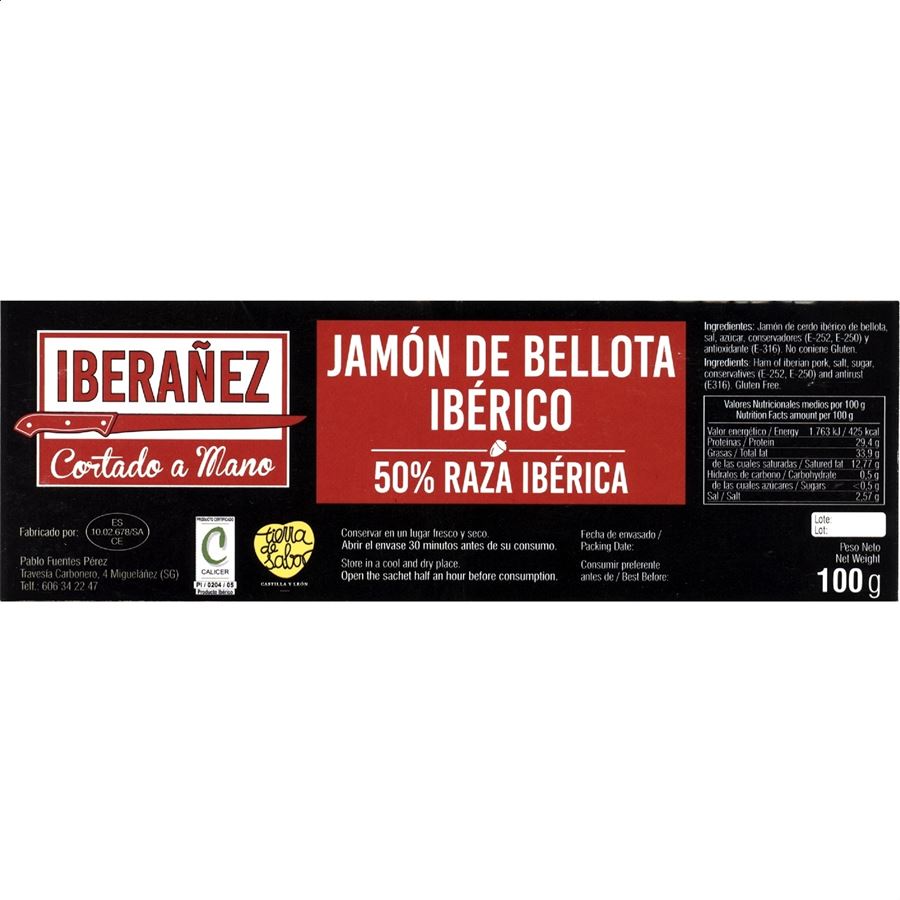 Iberañez - Jamón de bellota 50% ibérico cortado a mano 100g, 20uds