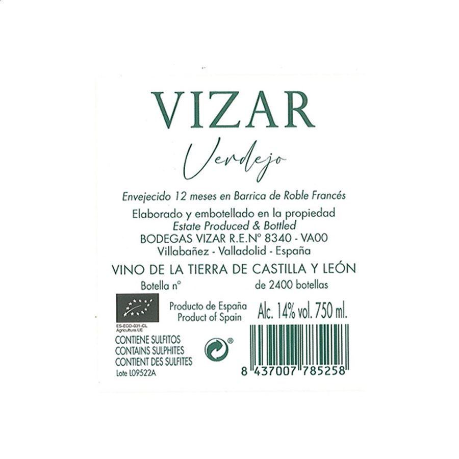 Bodegas Vizar - Vino blanco Verdejo fermentado en barrica ecológico IGP Vino de la Tierra de Castilla y León 75cl, 3uds