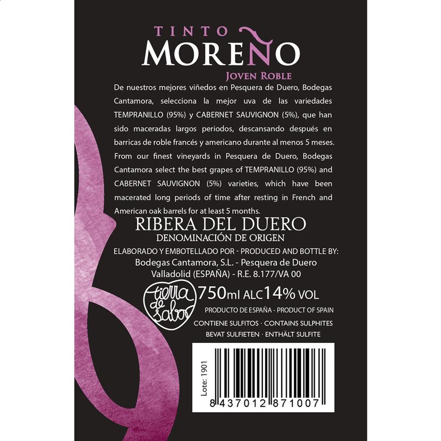 Bodegas Cantamora - Vino tinto Moreño joven roble D.O. Ribera del Duero 75cl, 6uds