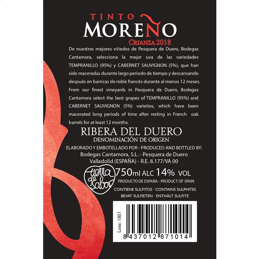 Bodegas Cantamora - Vino tinto Moreño crianza D.O. Ribera del Duero 75cl, 6uds