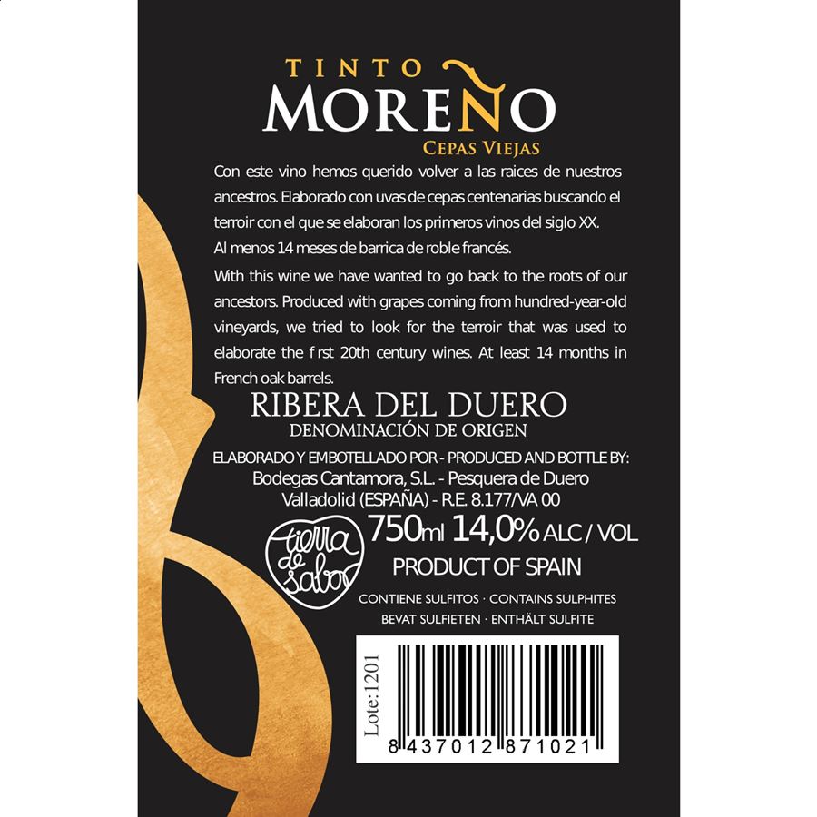 Bodegas Cantamora - Vino tinto Moreño crianza cepas viejas D.O. Ribera del Duero 75cl, 6uds