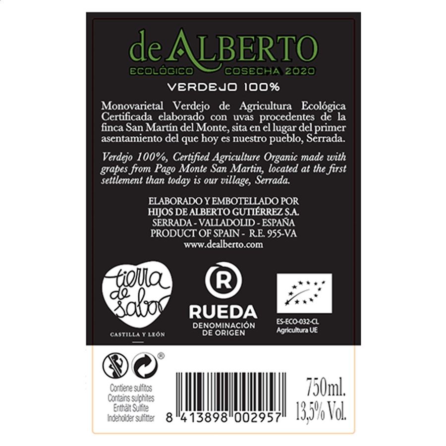 Bodegas De Alberto - Vino blanco Verdejo ecológico D.O. Rueda 75cl, 6uds