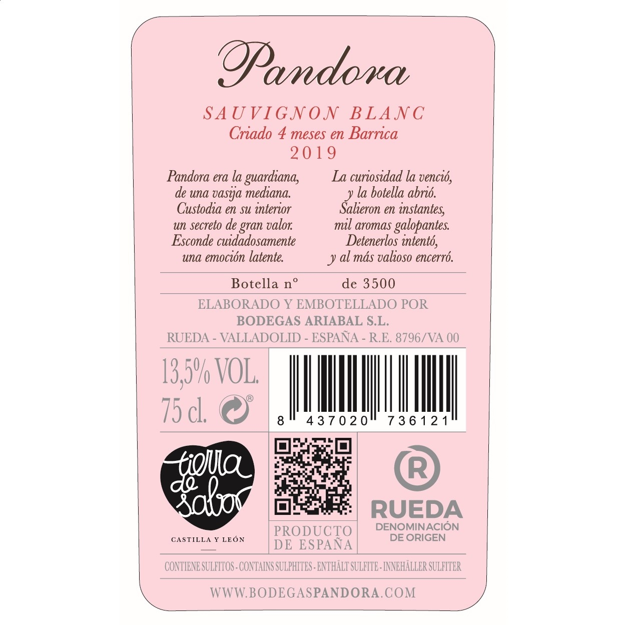 Pandora - Vino blanco Sauvignon Blanc D.O. Rueda 75cl, 3uds