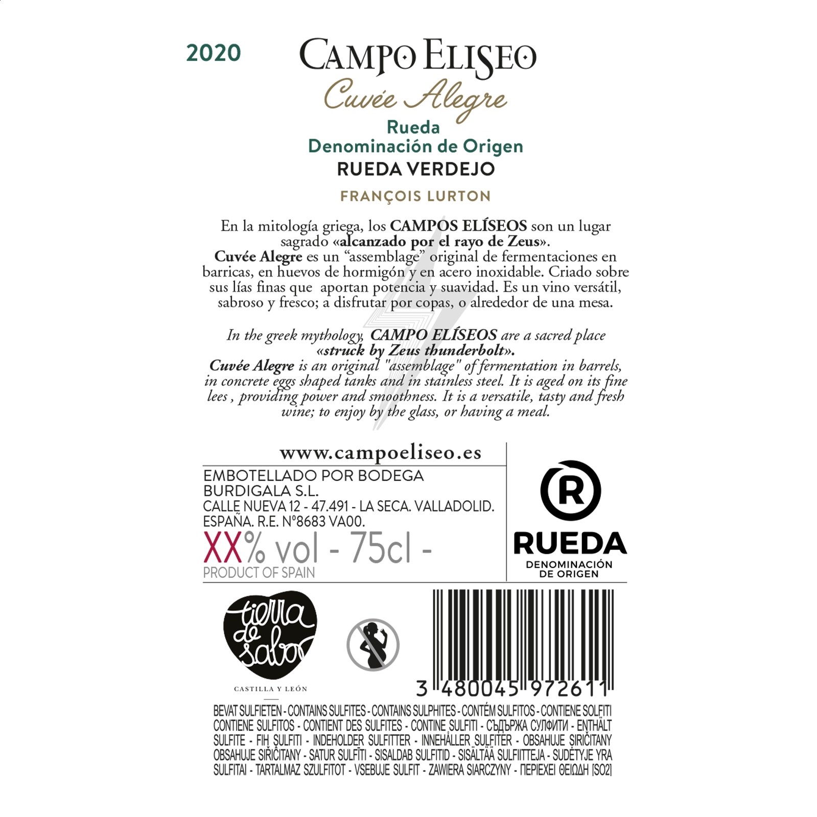 Bodegas Campo Elíseo - Vino blanco Campo Elíseo Cuvée Alegre D.O. Rueda 75cl, 3uds