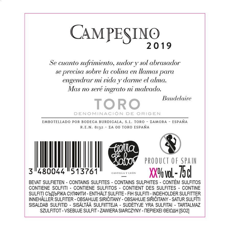 Bodega Burdigala - Campesino vino tinto D.O. Toro 75cl, 3uds