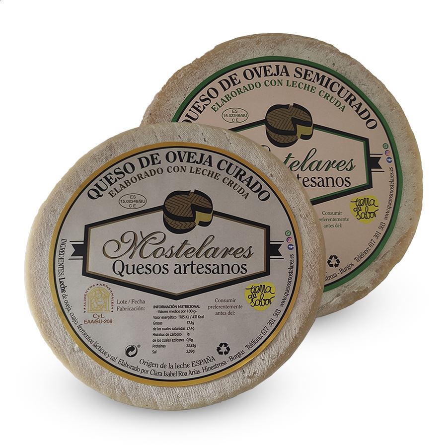 Quesos Mostelares - Lote de queso de oveja semicurado y curado de leche cruda 1,5Kg, 2uds