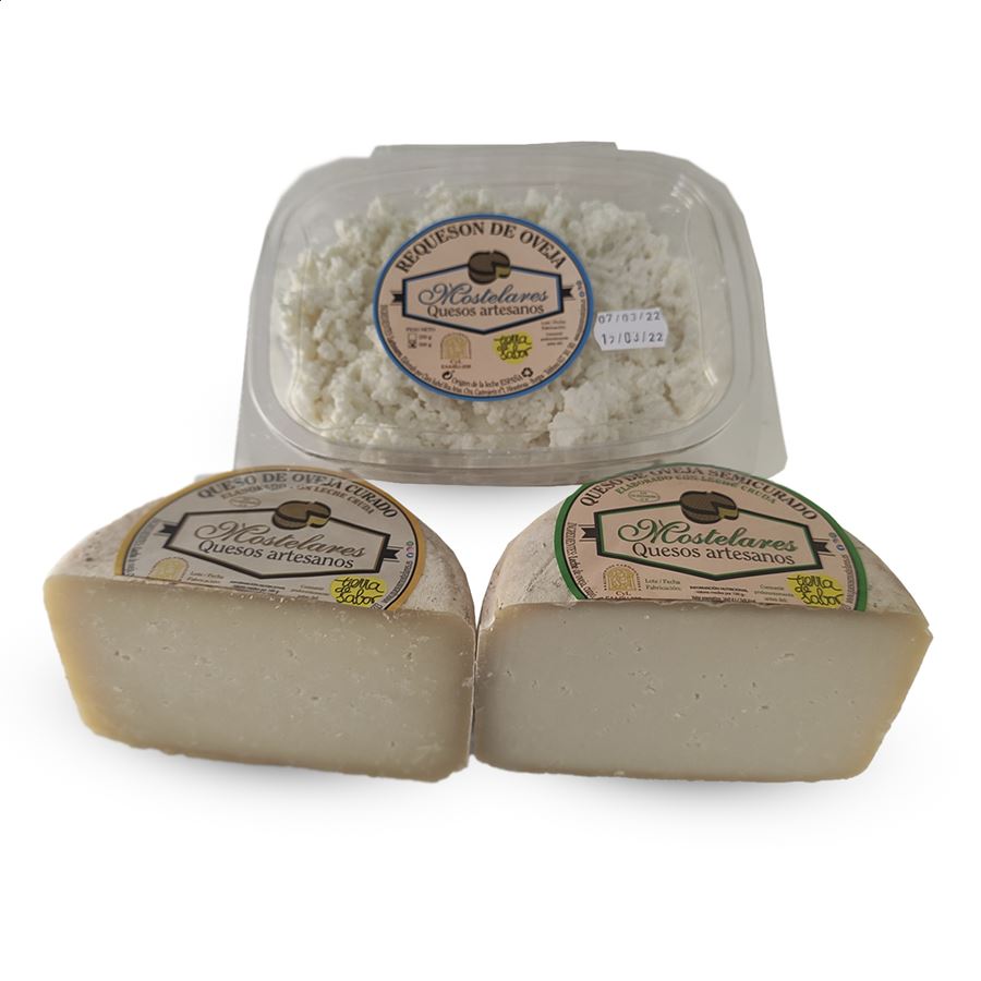 Quesos Mostelares - Lote de queso de oveja semicurado, curado y requesón 500g, 3uds