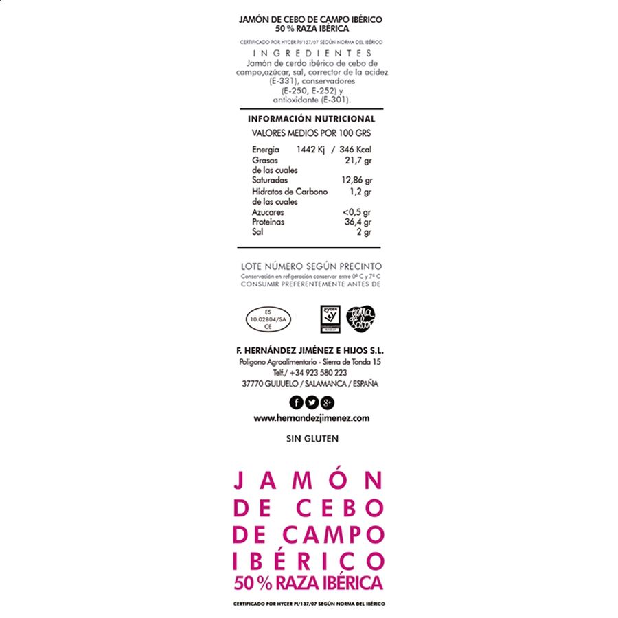Hernández Jiménez - Jamón de cebo de campo ibérico 50% raza ibérica, 9,5kg