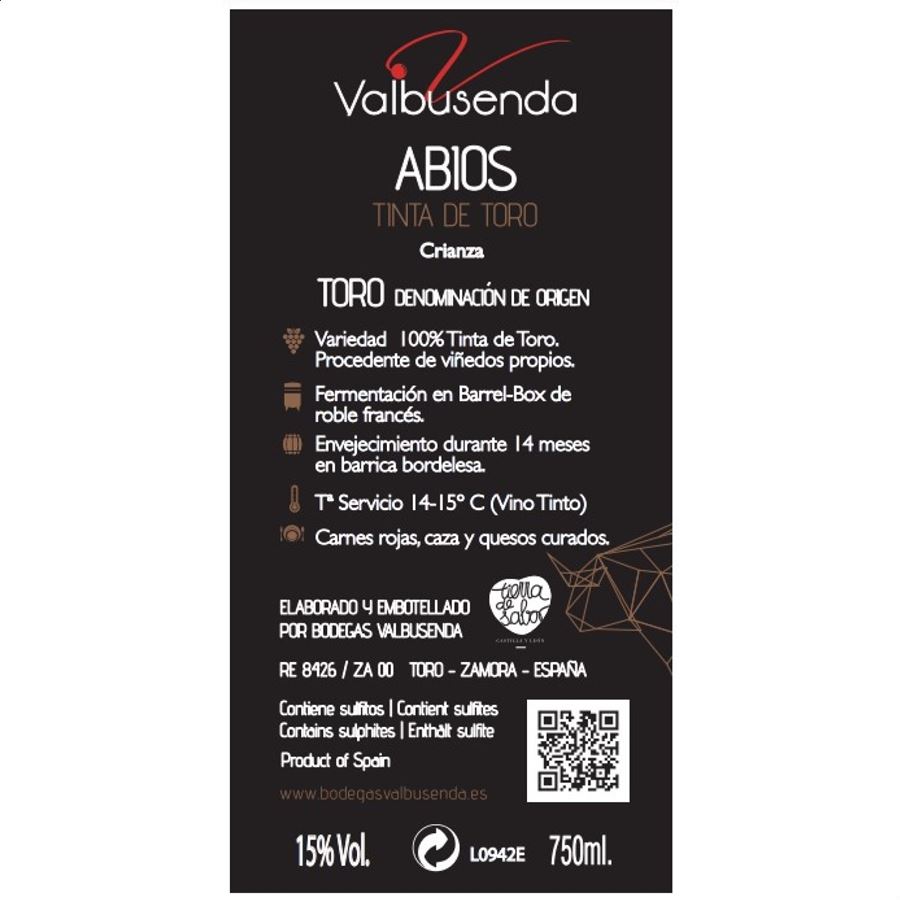 Bodegas Valbusenda - Abios Crianza vino tinto 2018 D.O. Toro 75cl, 12uds