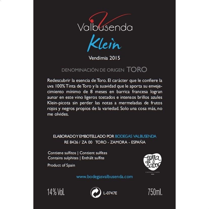 Bodegas Valbusenda - Klein vino tinto 2016 D.O. Toro 75cl, 6uds