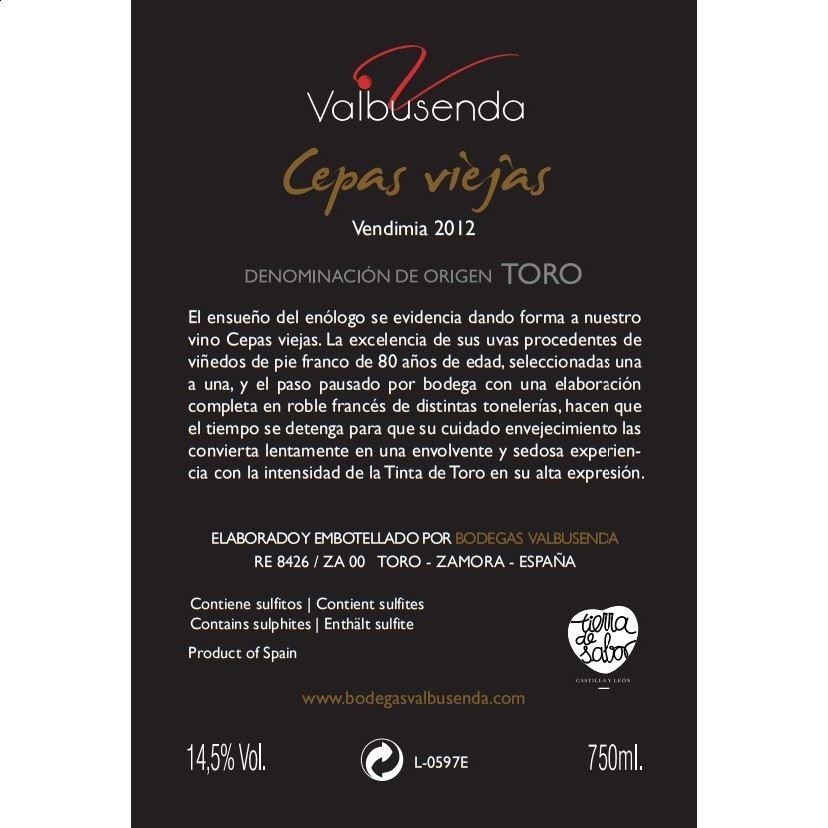 Bodegas Valbusendas - Cepas Viejas vino tinto 2012 D.O. Toro 75cl, 6uds