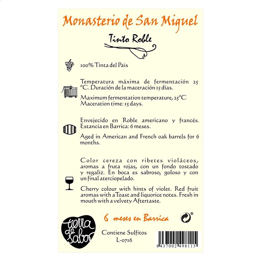 Bodegas Prado de Olmedo - Monasterio de San Miguel vino tinto roble D.O. Ribera del Duero 75cl, 6uds