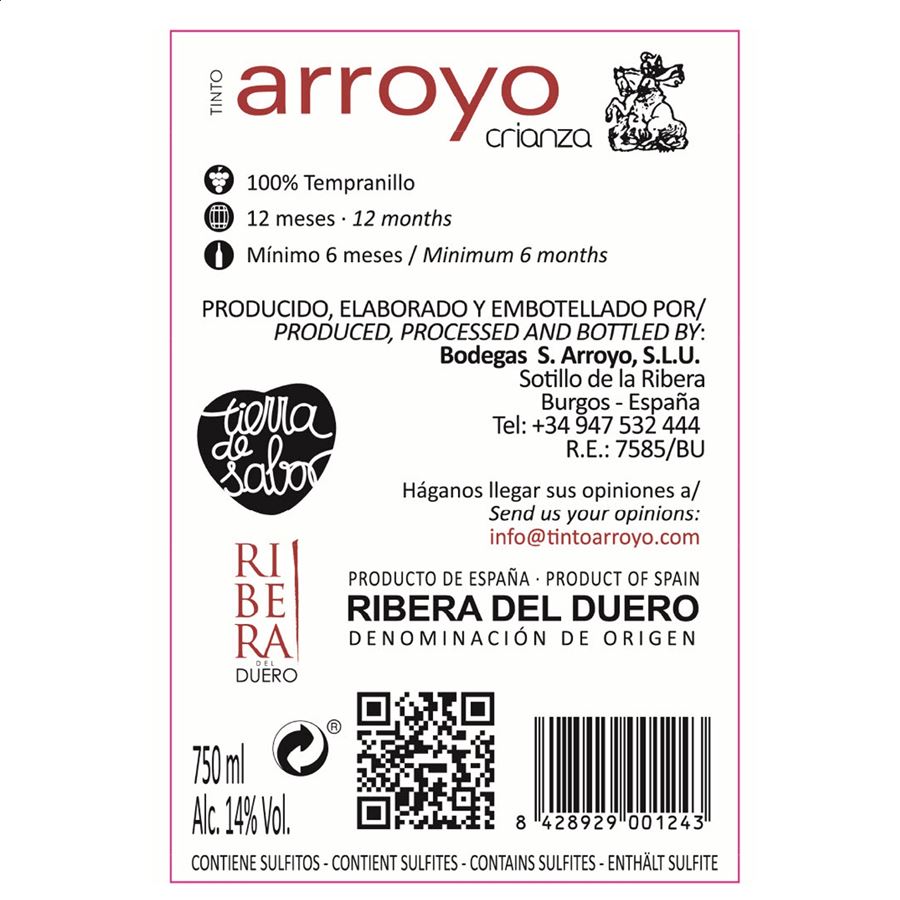 Bodegas S. Arroyo - Vino tinto crianza D.O. Ribera de Duero 75cl, 6uds