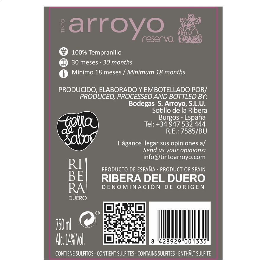 Bodegas S. Arroyo - Vino tinto reserva D.O. Ribera de Duero 75cl, 6uds