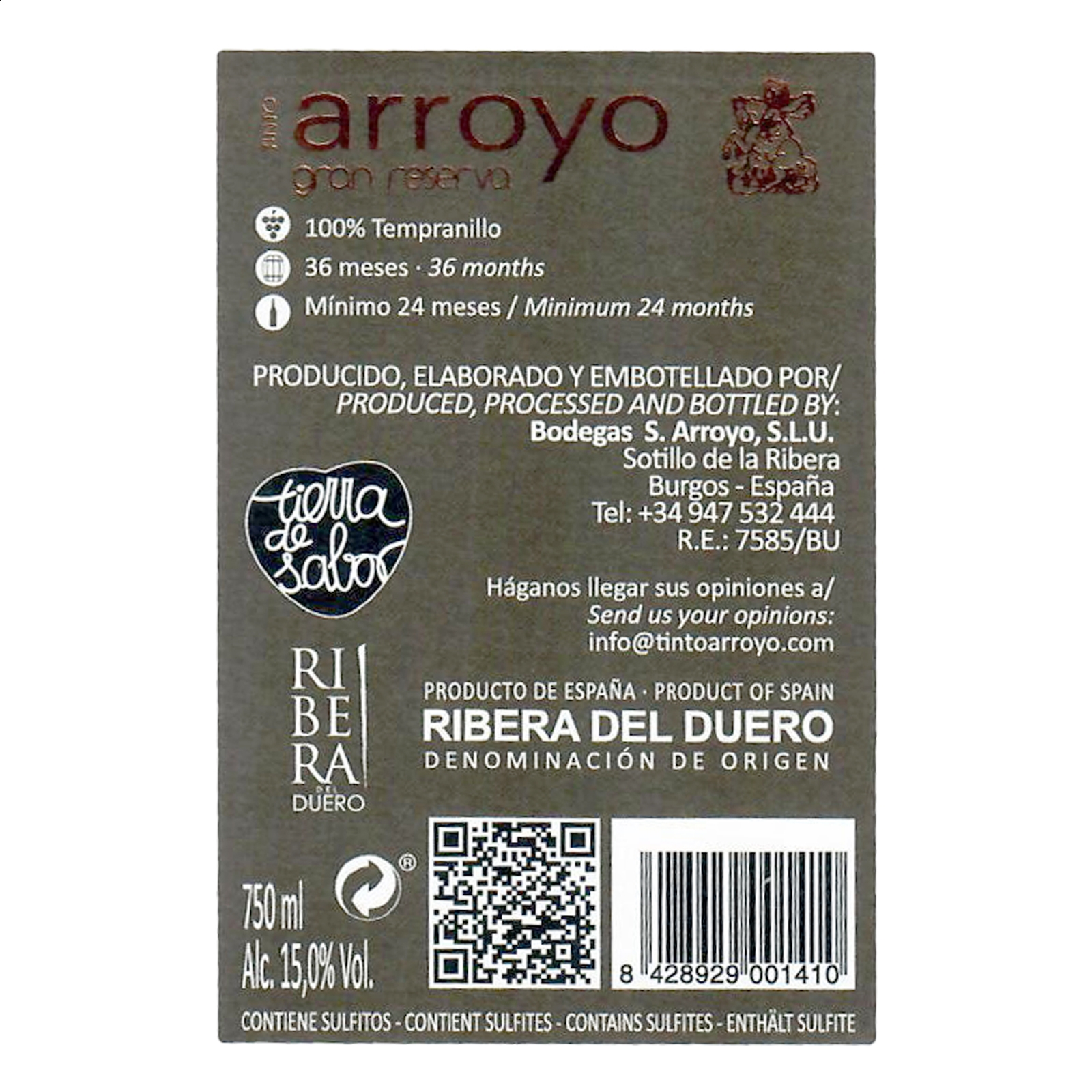 Bodegas S. Arroyo - Vino tinto gran reserva D.O. Ribera de Duero 75cl, 6uds