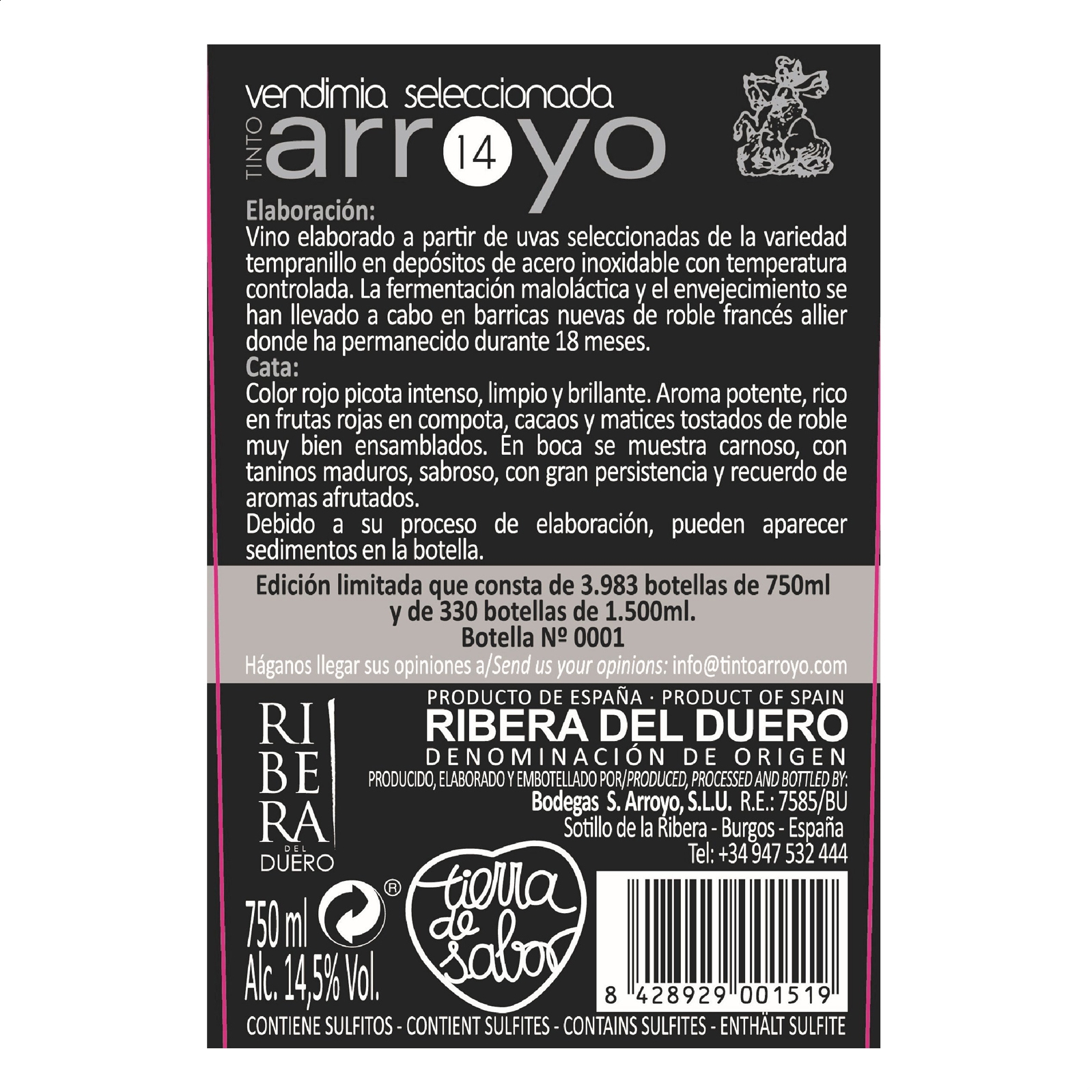 Bodegas S. Arroyo - Vino tinto vendimia seleccionada D.O. Ribera de Duero 75cl, 6uds