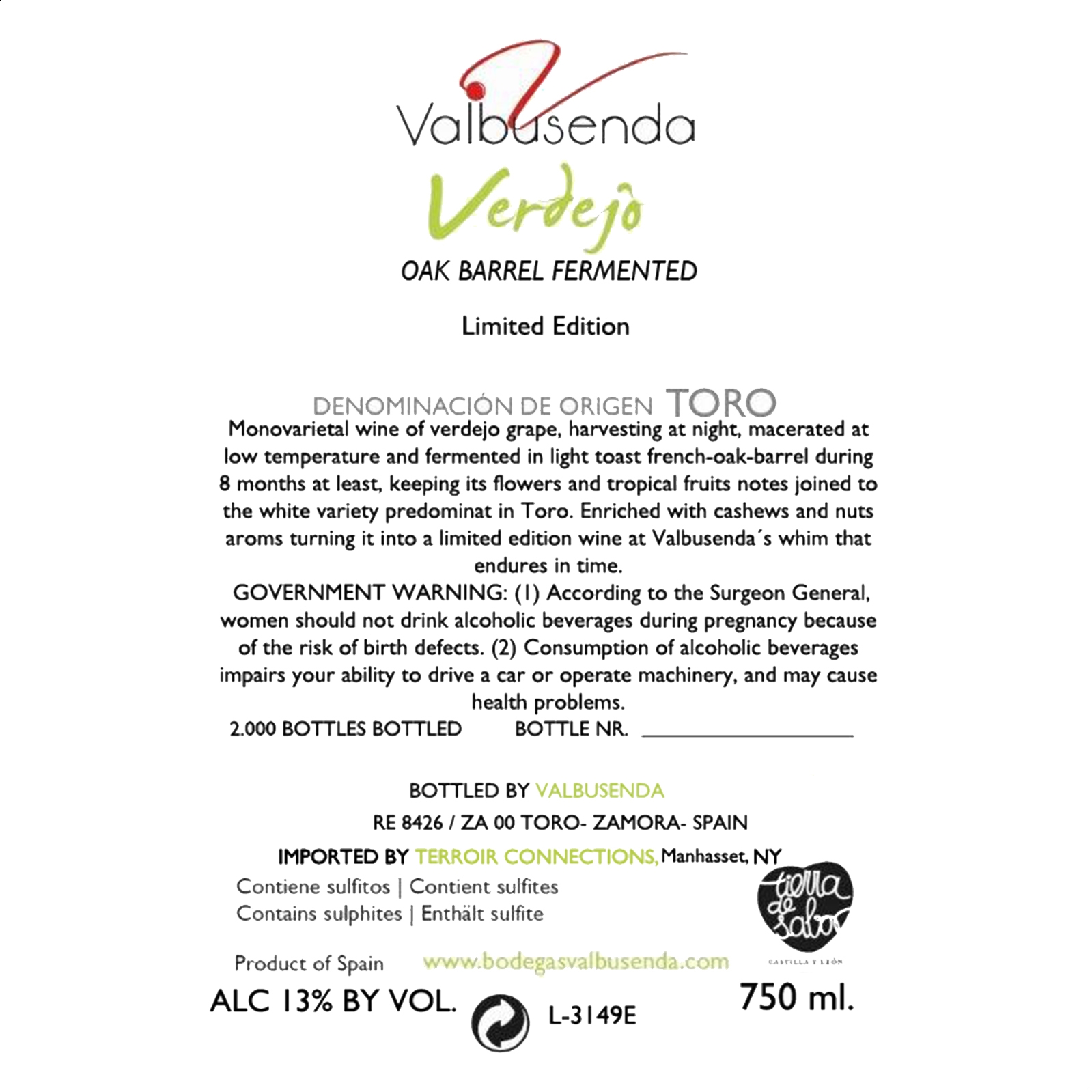 Bodegas Valbusenda - Vino blanco Verdejo edición limitada 2019 D.O. Toro 75cl, 3uds