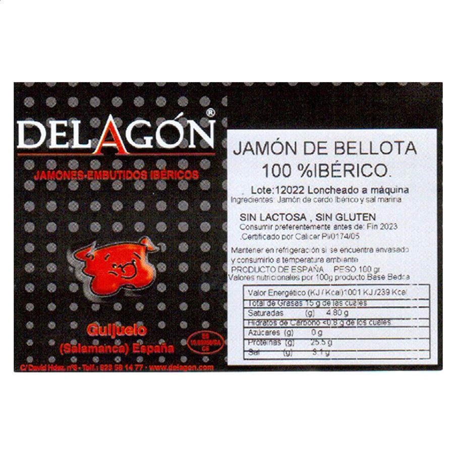 Delagón - Jamón de Bellota 100% Ibérico cortado a máquina 100g, 35uds