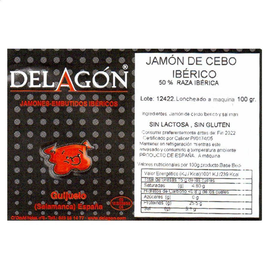 Delagón - Jamón de Cebo Ibérico 50% Raza Ibérica cortado a máquina 100g, 35uds