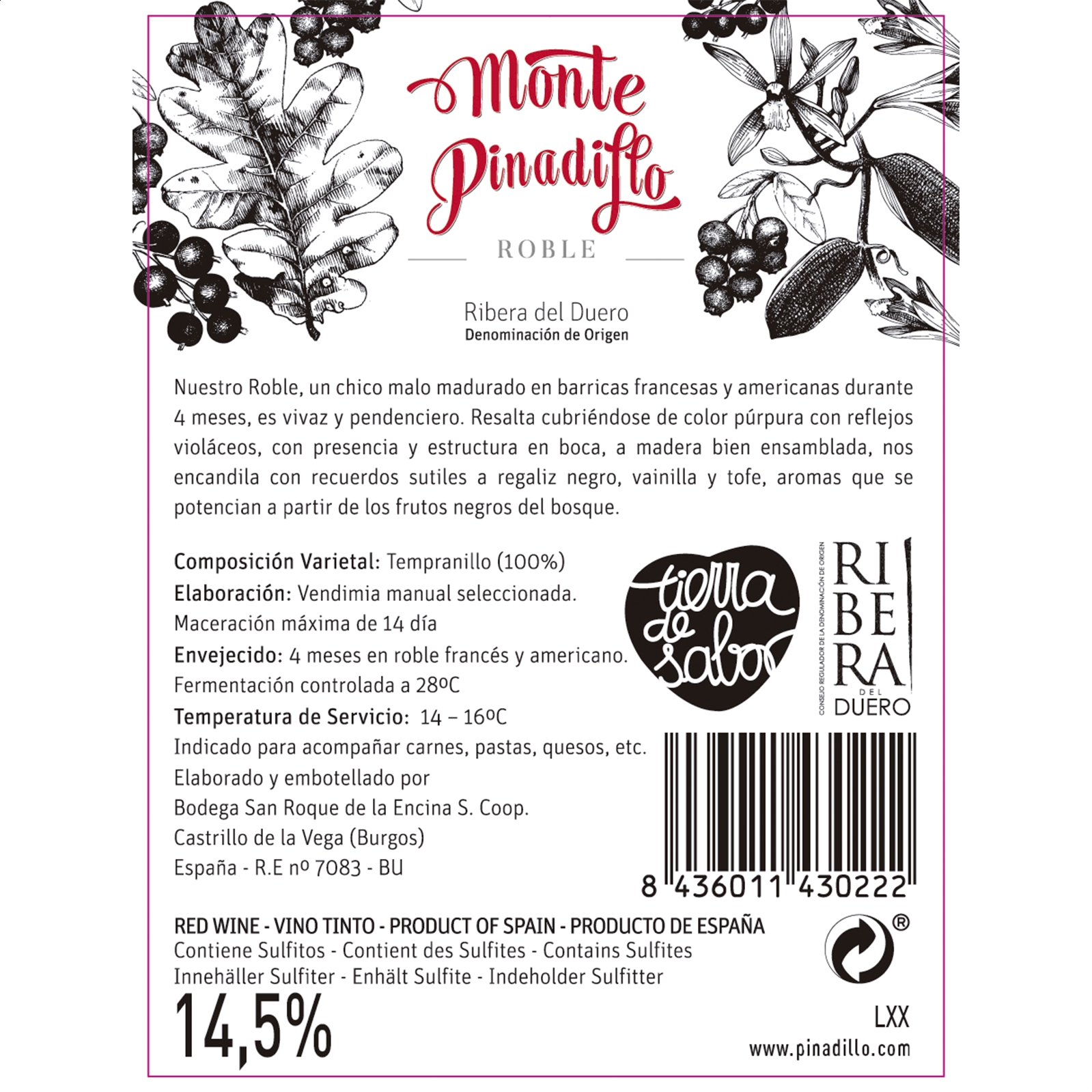 Bodega San Roque - Monte Pinadillo vino tinto roble D.O. Ribera de Duero 75cl, 6uds