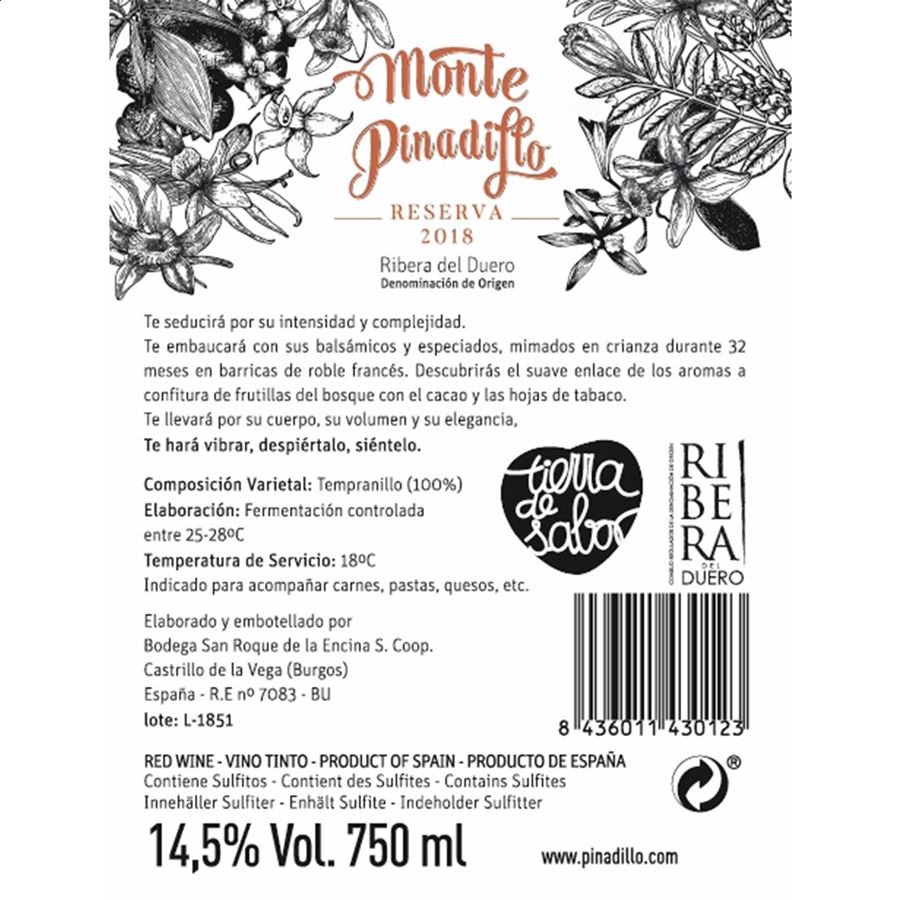 Bodega San Roque - Monte Pinadillo vino tinto reserva D.O. Ribera de Duero 75cl, 6uds