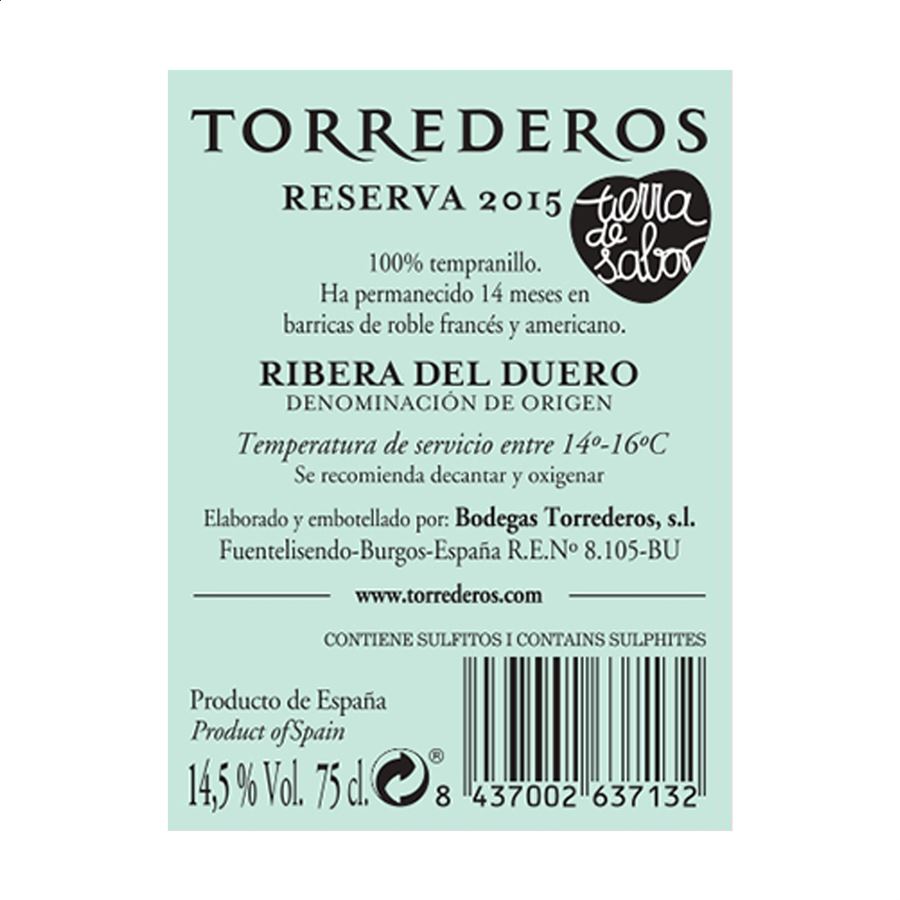 Bodegas Torrederos - Vino tinto reserva D.O. Ribera del Duero 75cl, 6uds