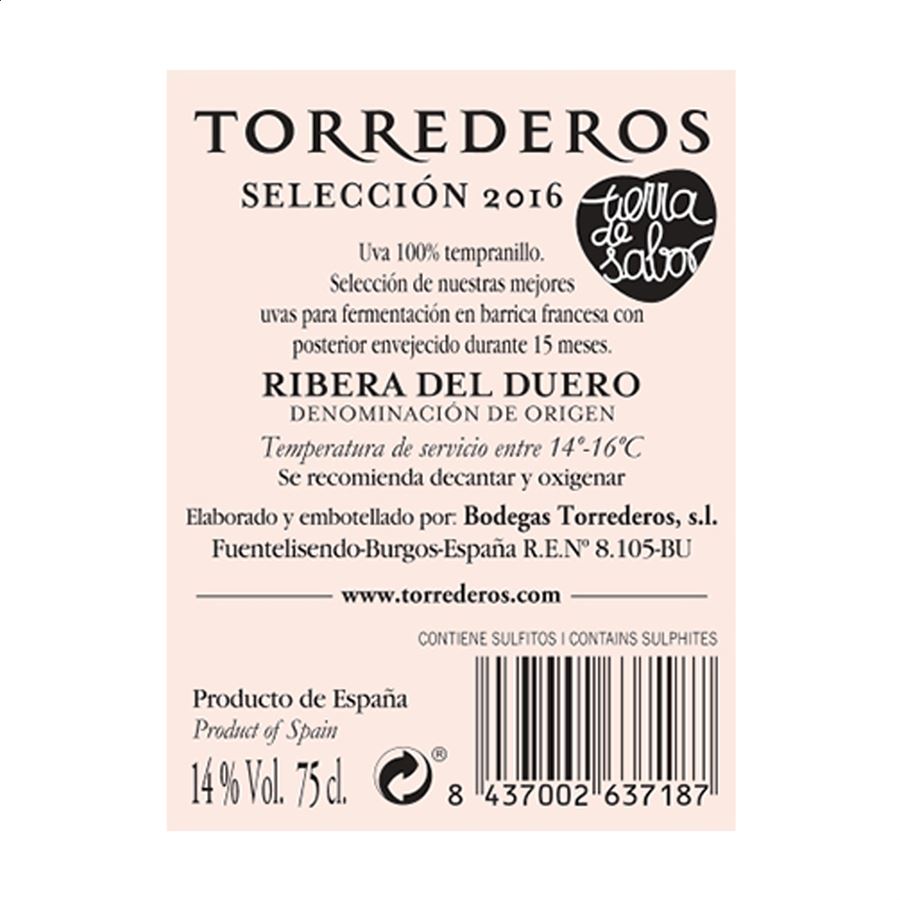 Bodegas Torrederos - Vino tinto selección D.O. Ribera del Duero 75cl, 6uds