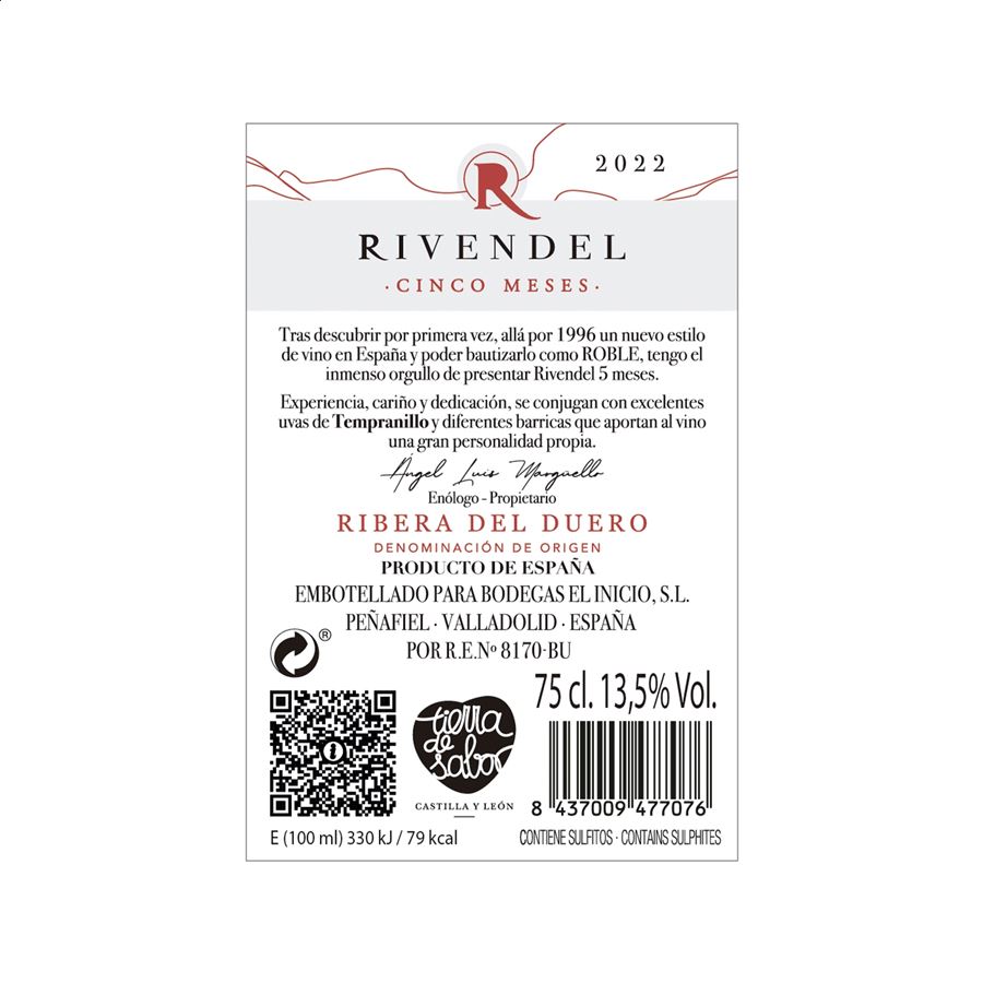 Bodegas El Inicio - Rivendel roble 2021 vino tinto D.O. Ribera del Duero 75cl, 3uds