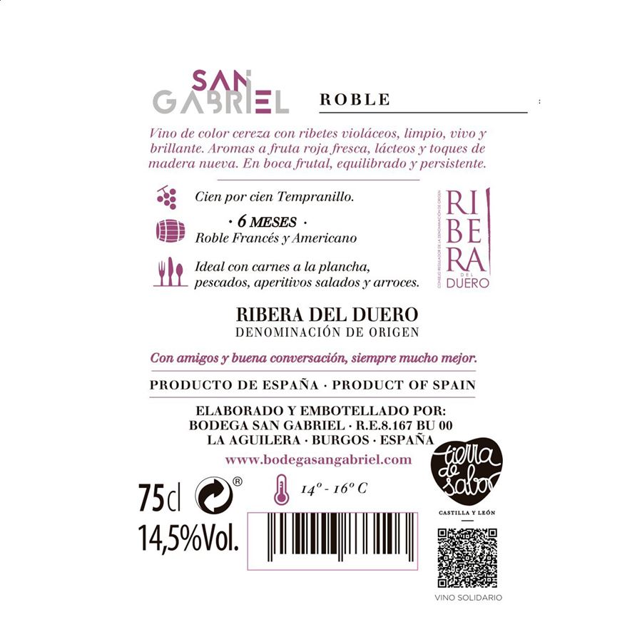 Bodegas San Gabriel - Vino tinto roble D.O. Ribera del Duero 75cl, 3uds