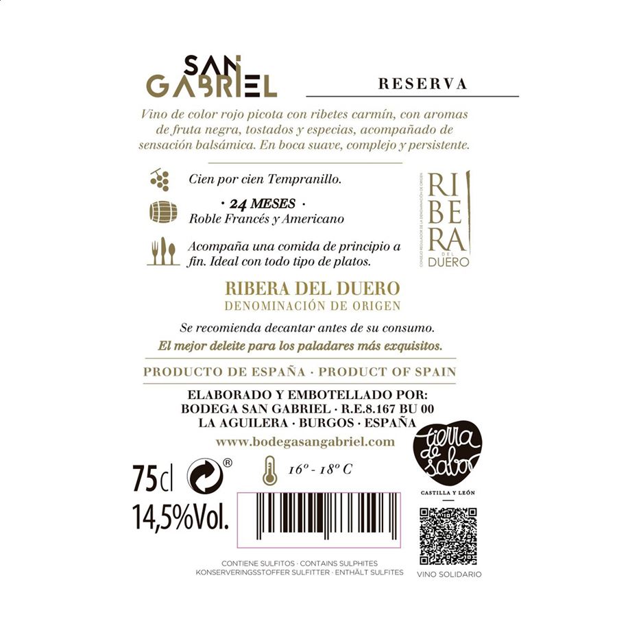 Bodegas San Gabriel - Vino tinto reserva D.O. Ribera del Duero 75cl, 3uds